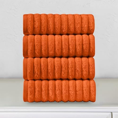 Elegant Comfort Luxury 100% Turkish Cotton Corduroy Ribbed 4 Pack Hand Towel Set 16 x 28 Inch - Absorbent, Super Soft, Quick Dry, Premium Towels for Bathroom, Gym, Spa and Hotel Use, Orange