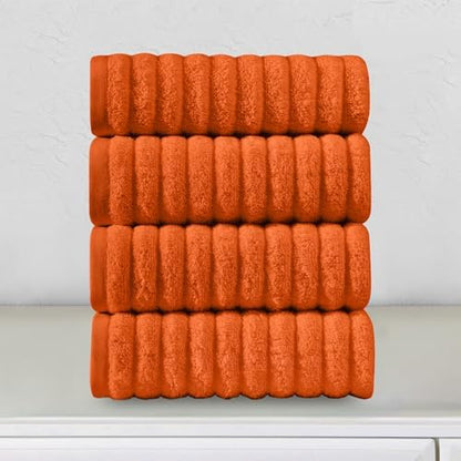 Elegant Comfort Luxury 100% Turkish Cotton Corduroy Ribbed 4 Pack Hand Towel Set 16 x 28 Inch - Absorbent, Super Soft, Quick Dry, Premium Towels for Bathroom, Gym, Spa and Hotel Use, Orange