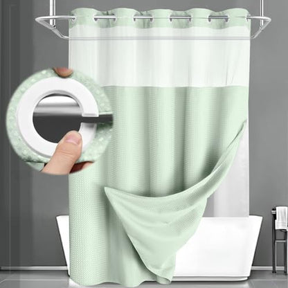 No Hook Shower Curtain with Liner Set Hotel Waffle Mint Green 72W X 75L