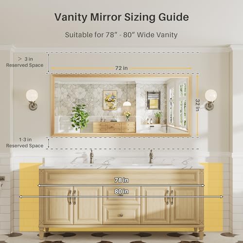 72x32 Inch Bathroom Mirror for Wall, Anti-Rust Oak Wood Grain Metal Framed Bathroom Mirrors for Over Sink,Rectangler Mirrors for Bathroom Vanity, Farmhouse, Bedroom, Living Room, Entryway Decor