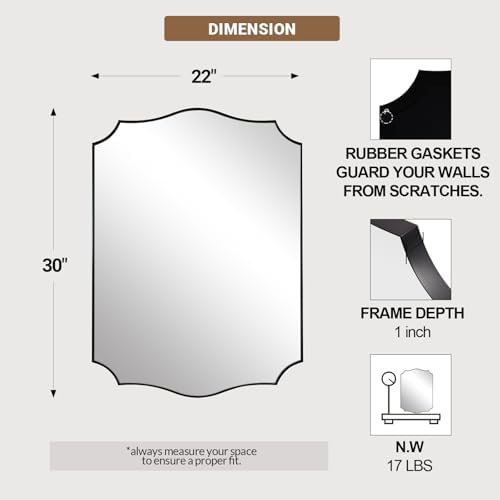 ANDY STAR 22x30 Inch Matte Black Bathroom Mirror, Scalloped Wall Mirror