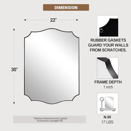 ANDY STAR 22x30 Inch Matte Black Bathroom Mirror, Scalloped Wall Mirror