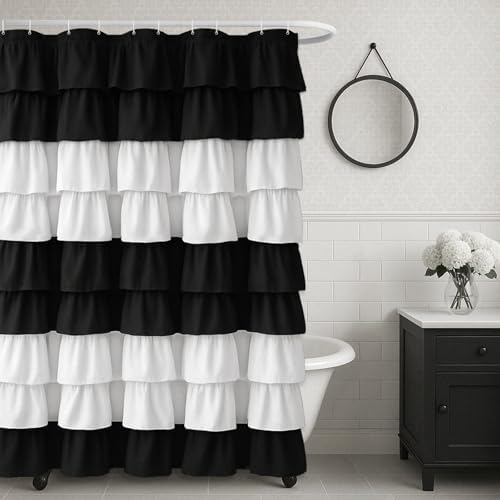 Seasonwood Ruffle Shower Curtain Black and White Shower Curtain, 72" x 72"