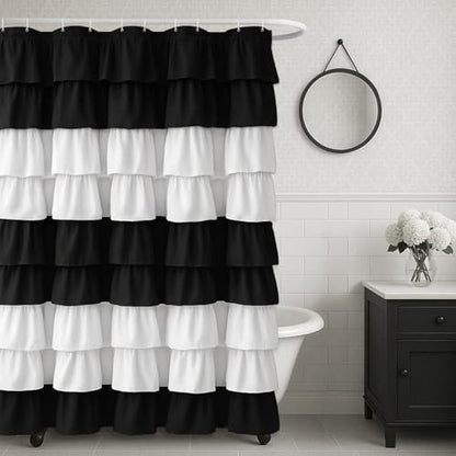 Seasonwood Ruffle Shower Curtain Black and White Shower Curtain, 72" x 72"