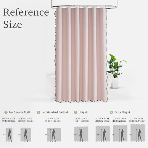 KGORGE Pink Shower Curtain Scalloped, Blush Cute Linen Textured Privacy Boho Heavy Duty Waterproof Washable Shower Curtain Set for Bathroom Home Decor with 12 Metal Hooks, 72 x 72 inches Long
