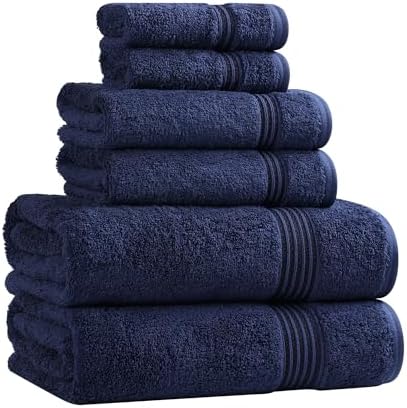 Superior Egyptian Cotton 6-Piece Towel Set, Assorted Towels for Home Bathroom, Master, Guest Bath, Decor Essentials, Includes 2 Bath, 2 Hand, 2 Face Towels/Washcloths, Quick Dry, Absorbent, Navy Blue