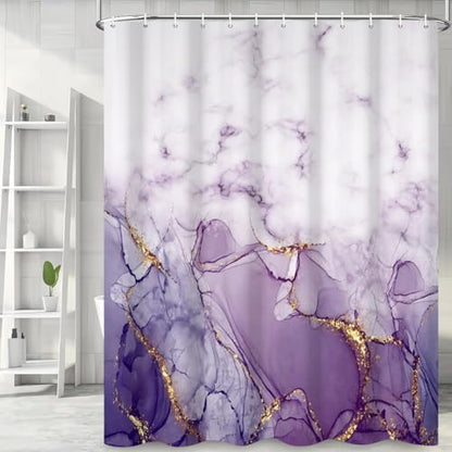 Marble Shower Curtain, Ombre Purple Gold Ink Shower Curtains for Bathroom, Modern Abstract Aesthetic Bathtub Decor Waterproof Fabric Watercolor Bath Curtain Set with Hooks 60x72 inch