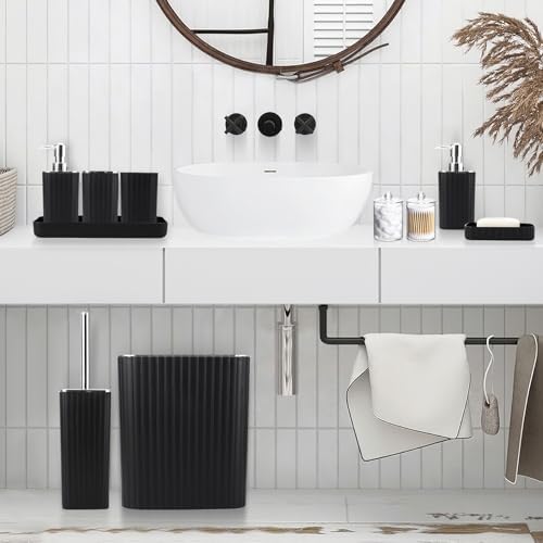 XLHOMO Bathroom Set with Shower Curtain and Rugs- 25PC Bathroom Accessory Set, Black Bathroom Set, Toilet Brush, Trash Can, Qtip Holder & Soap Dispenser