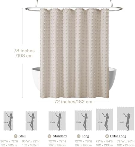 Extra Long Boho Farmhouse Shower Curtain Woven Fabric Natural Shower Curtain, 72 x 78 Tufted Pleat Floral Puffs Textured Modern Farmhouse Minimalist Shower Curtain Set with Hooks for Bathroom