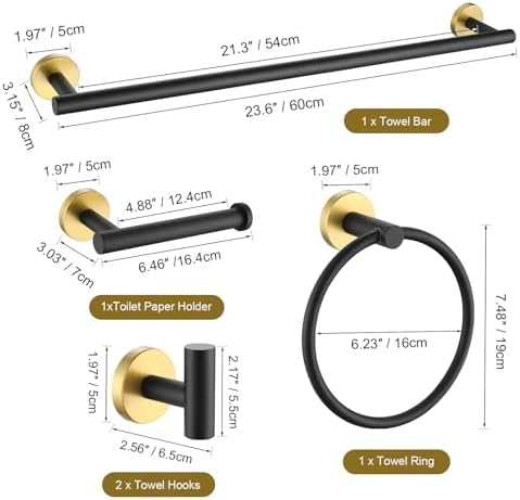 TURS Black and Gold Bathroom Hardware Set 5 Piece, SUS304 Stainless Steel Gold Black Towel Bar Set, 24 Inch Bathroom Accessories Kit Wall Mounted