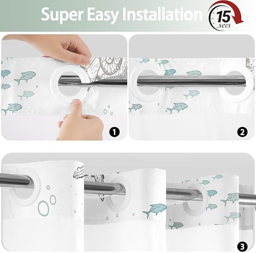 No Hook Shower Curtain and Liner Set, Green Beach Coastal 71x74