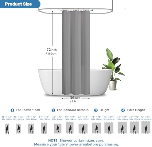 2-in-1 Waterproof Fabric Shower Curtain - No Separate Liner Needed, Hotel-Style Waffle Weave, Effortless Cleaning & Washable Bathroom Shower Curtain Set,36Wx72H,Grey