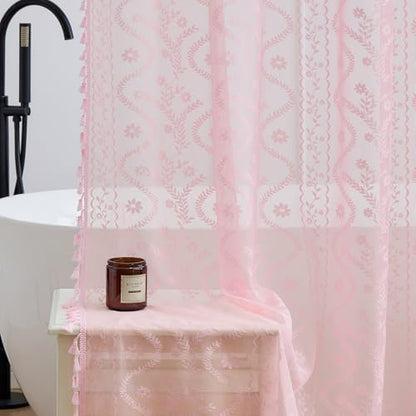 WAZZIO Pink Lace Shower Curtain - Vintage Pretty Pastel Girl Floral Shower Curtain Girly, Cute Coquette Tassel Princess Bath Curtains for Bathroom, 72 x 84 Inch, 1 Panel