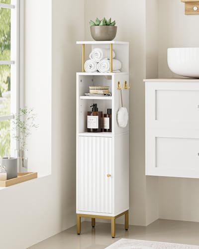 Bathroom Storage Cabinet,Small Corner Floor Cabinet with 2 Hook,Narrow Toilet Paper Cabinet with Adjustable Shelves,Bathroom Organizer for Living Room,Small Spaces (Wave, White-37''H)