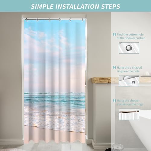 Small Stall RV Half Size Ocean Beach Coastal Seaside Shower Curtain for Bathroom 36W*72H Inch Nautical Summer Beachy Bathtub Decor Waterproof Polyester Fabric Set with 12 Hooks(6 Holes)