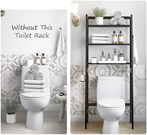 MallKing Over-The-Toilet Storage Rack, Wooden 3-Tier Over-The-Toilet Storage Rack Bathroom Space Saver Organizer, Freestanding Above Toilet with Toilet Paper Holder and Hooks (Black)