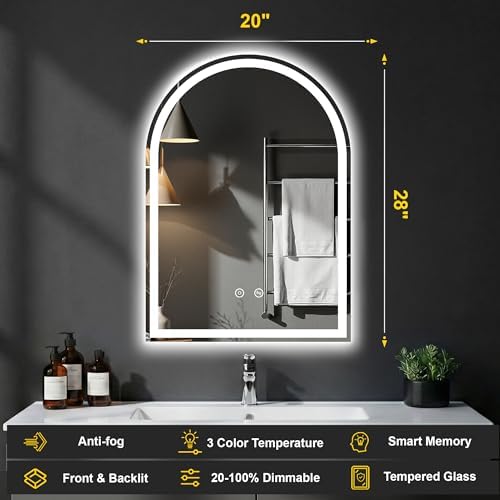Arched LED Bathroom Mirror with Lights, 20" x 28" Lighted Vanity Mirror
