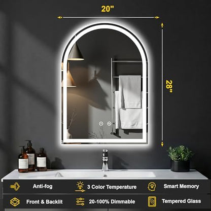 Arched LED Bathroom Mirror with Lights, 20" x 28" Lighted Vanity Mirror