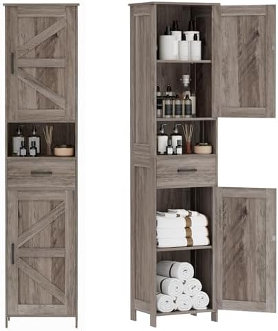 Homhedy 67" H Tall Bathroom Storage Cabinet with Barn Doors and Drawer