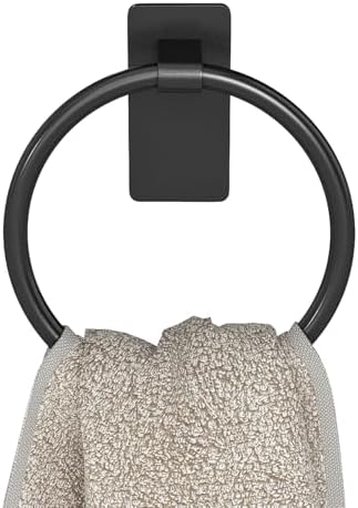 STWWO Hand Towel Holder for Bathroom, Adhesive Round Towel Ring, Black