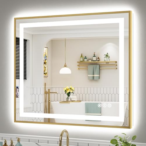 40x36 Inch LED Bathroom Mirror with Gold Frame, Backlit & Front Lit