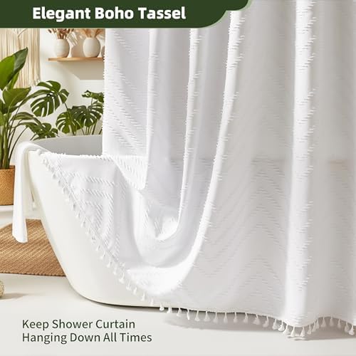 Siiluminisoy Extra Long White Boho Shower Curtain with Tassel, Woven Fabric 90 in Shower Curtain, Tufted Chevron Striped, 72 x 90, Modern Chic Textured Minimalist Bathroom Shower Curtains