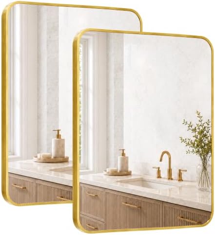 2-Pack 24x30 Inch Brushed Gold Rounded Rectangle Vanity Mirrors