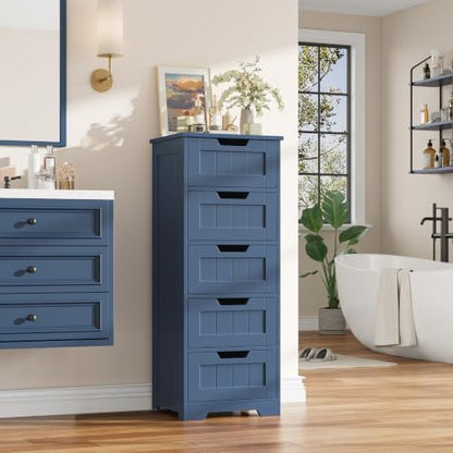 FOTOSOK Bathroom Cabinet, Bathroom Storage Cabinet with 5 Drawers, Blue