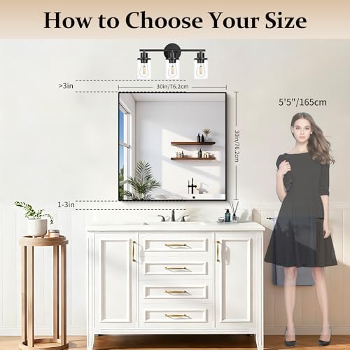 COFENY Black Bathroom Mirror for Wall, 30x30 Inch Rectangle Mirrors with Metal Frame, Modern Vanity Wall Square Mirror for Bathroom Living Room, Entryway Hangs Horizontal or Vertical