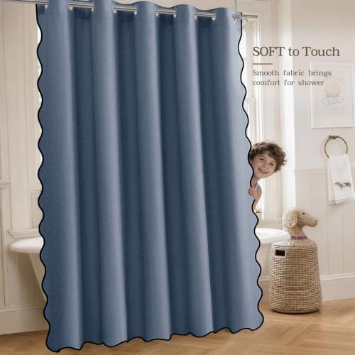 Furlinic Scalloped No Hook Linen Shower Curtain Navy Blue Boho Stall 48x75