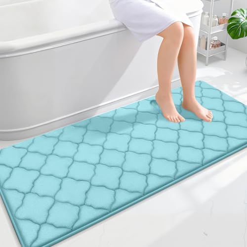 OLANLY Memory Foam Bath Mat Rug 59x24, Ultra Soft Bathroom Rugs, Sky Blue