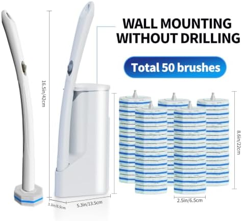 Disposable Toilet Brush Cleaning System with 50pcs Refills Pads Replacement Heads, Toilet Cleaning Stick, Wall Mounted Wand Kit Bathroom Maintenance, Toilet Bowl Cleaner Brush Holder and Set