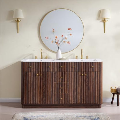 T4TREAM 60" Fluted Bathroom Vanity with Double Sink, Dark Walnut