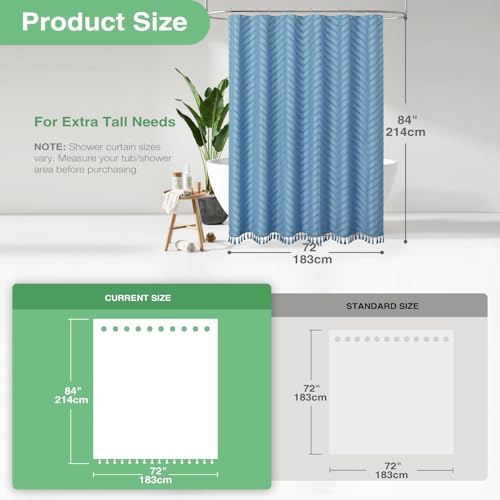 Dynamene Extra Long Boho Shower Curtain Tufted Chevron 72x84 Moonlight Blue