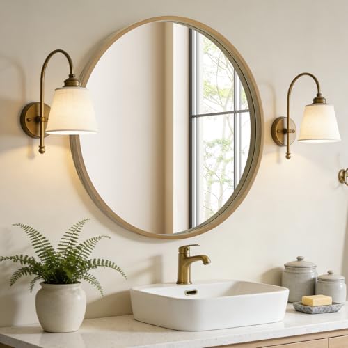 WallBeyond Round Wood Mirror, 32" Round Modern Decoration Large Circle Wall Mirror for Bathroom Living Room Bedroom Entryway, Natural