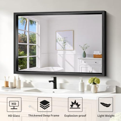 Bathroom Mirror, 42 x 30 Inch Brushed Black Rectangle Mirror, 0.6" Thickened Deep Frame Vanity Mirrors for Bathroom Sink, Shatterproof Tempered Glass, Antirust, Horizontally or Vertically
