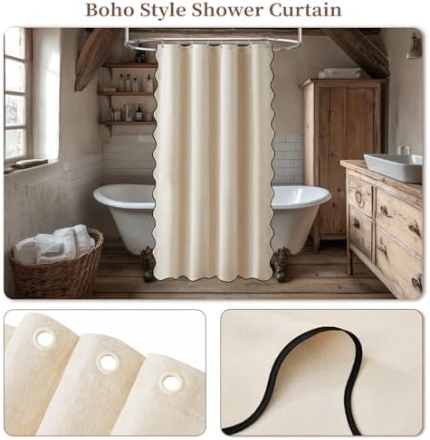 BTTN 48x72 Boho Scalloped Linen Textured Cloth Shower Curtain, Beige/Cream