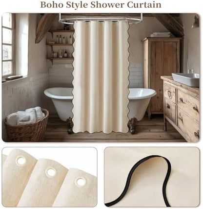 BTTN 48x72 Boho Scalloped Linen Textured Cloth Shower Curtain, Beige/Cream