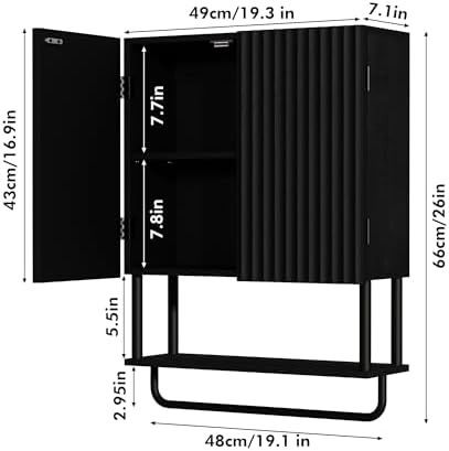 RUSTOWN Fluted Bathroom Wall Cabinet with 2 Doors, 3-Tier Medicine Cabinet