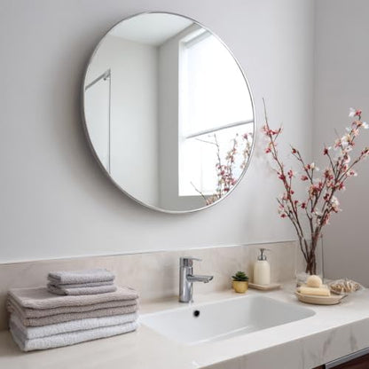 Sunniry Bathroom Mirror 36 inch, Silver Round Mirror, Brushed Metal Frame