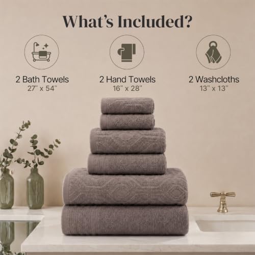 Modern Threads 6 Piece Bath Towel Set – Bathroom Towel Set with 2 Bath Towels, 2 Hand Towels & 2 Washcloths – 100% Cotton, Soft & Absorbent – Geometric (Classic Taupe)