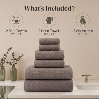 Modern Threads 6 Piece Bath Towel Set – Bathroom Towel Set with 2 Bath Towels, 2 Hand Towels & 2 Washcloths – 100% Cotton, Soft & Absorbent – Geometric (Classic Taupe)