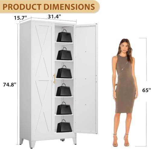 75" Metal Storage Cabinet with 2 Doors and 5 Adjustable Shelves,White Farmhouse Kitchen Pantry Cabinet,Steel Garage Tool Cabinet,File Cabinetfor Home,Office,Dinning Living Room,Warehouse