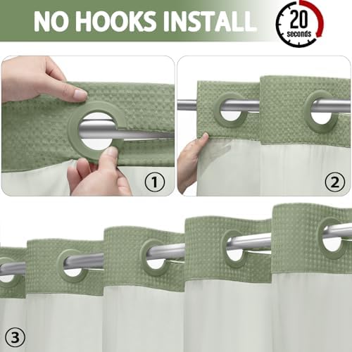 No Hook Shower Curtain with Liner Set Hotel Waffle Sage Green 72W X 75L