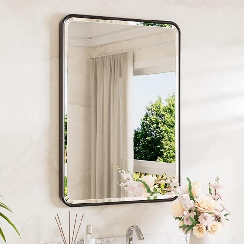 TETOTE Black Mirror 20 x 30 Beveled Edge Tempered Glass, Rounded Corner Rectangle Bathroom Mirror for Over Sink for Modern Bathroom, Living Room, Bedroom, Entryway