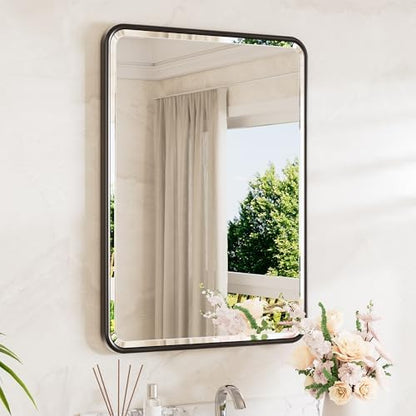 TETOTE Black Mirror 20 x 30 Beveled Edge Tempered Glass, Rounded Corner Rectangle Bathroom Mirror for Over Sink for Modern Bathroom, Living Room, Bedroom, Entryway