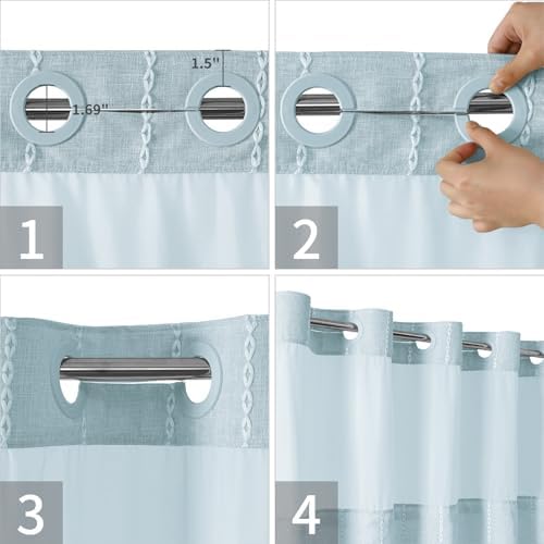 eachope Boho Farmhouse No Hook Shower Curtain with Liner,71x74,Fog Blue