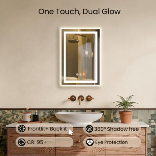 16"x24" LED Bathroom Mirror with Anti-Fog, Backlit & Front Lights, Memory