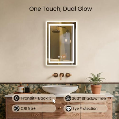 16"x24" LED Bathroom Mirror with Anti-Fog, Backlit & Front Lights, Memory