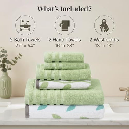 Modern Threads 6 Piece Bath Towel Set – Bathroom Set with 2 Bath Towels, 2 Hand Towels, and 2 Wash Cloths – 100% Cotton, Super Absorbent & Extra Soft – Reversible Natural Vine (Sage Green)